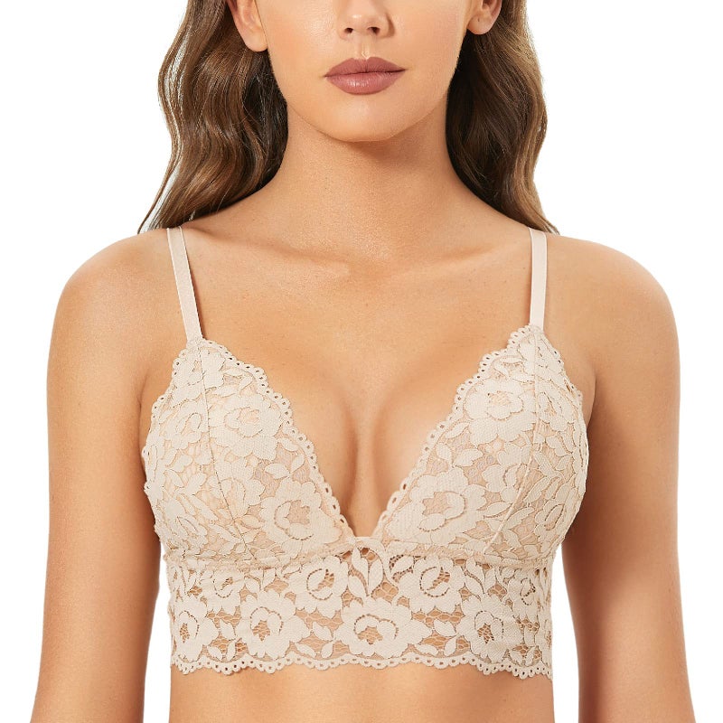 DOBREVA Women's Lace Padded Bralette Plunge Wireless Longline Bra for A to D Cups Beige Medium - Image 1